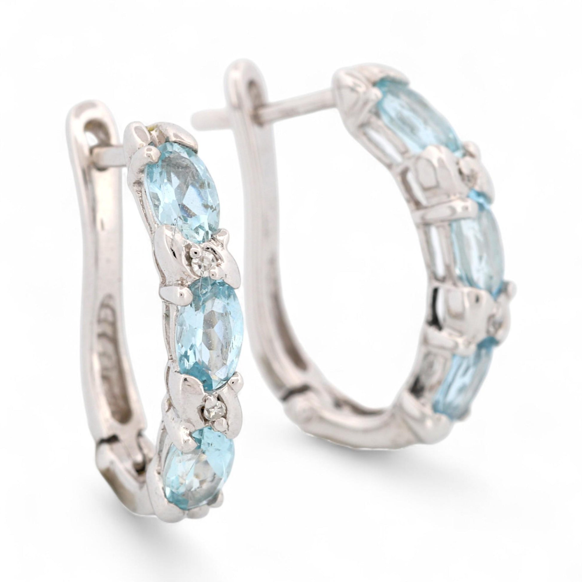 14K White Gold Aquamarine and Diamond Hinged Hoop Earrings
