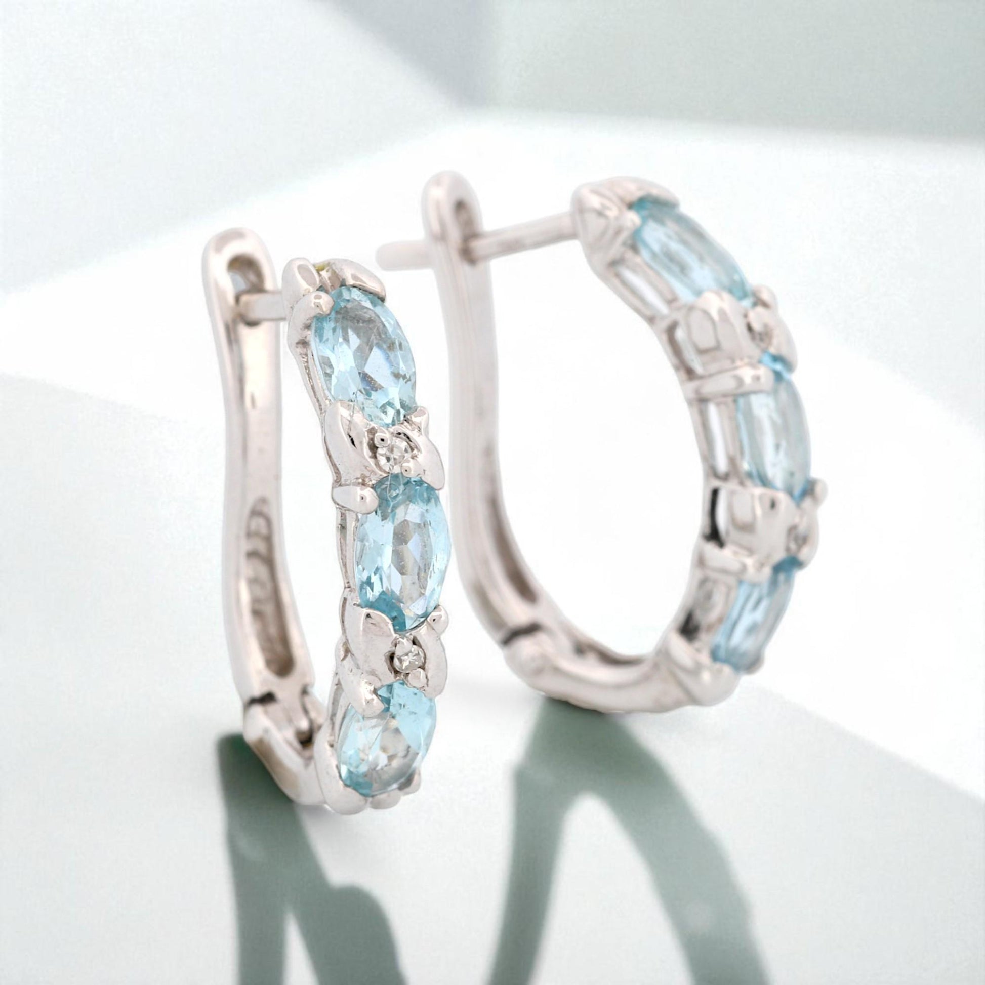 14K White Gold Aquamarine and Diamond Hinged Hoop Earrings