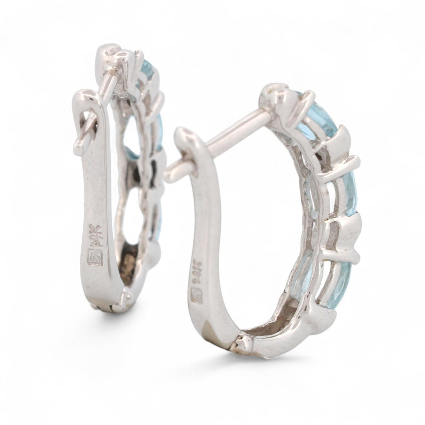14K White Gold Aquamarine and Diamond Hinged Hoop Earrings