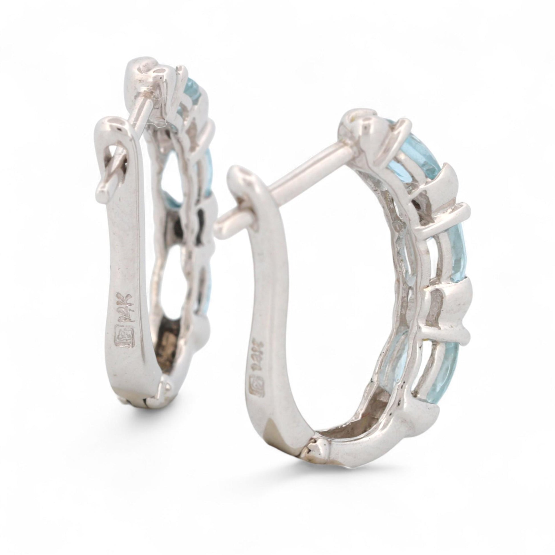 14K White Gold Aquamarine and Diamond Hinged Hoop Earrings