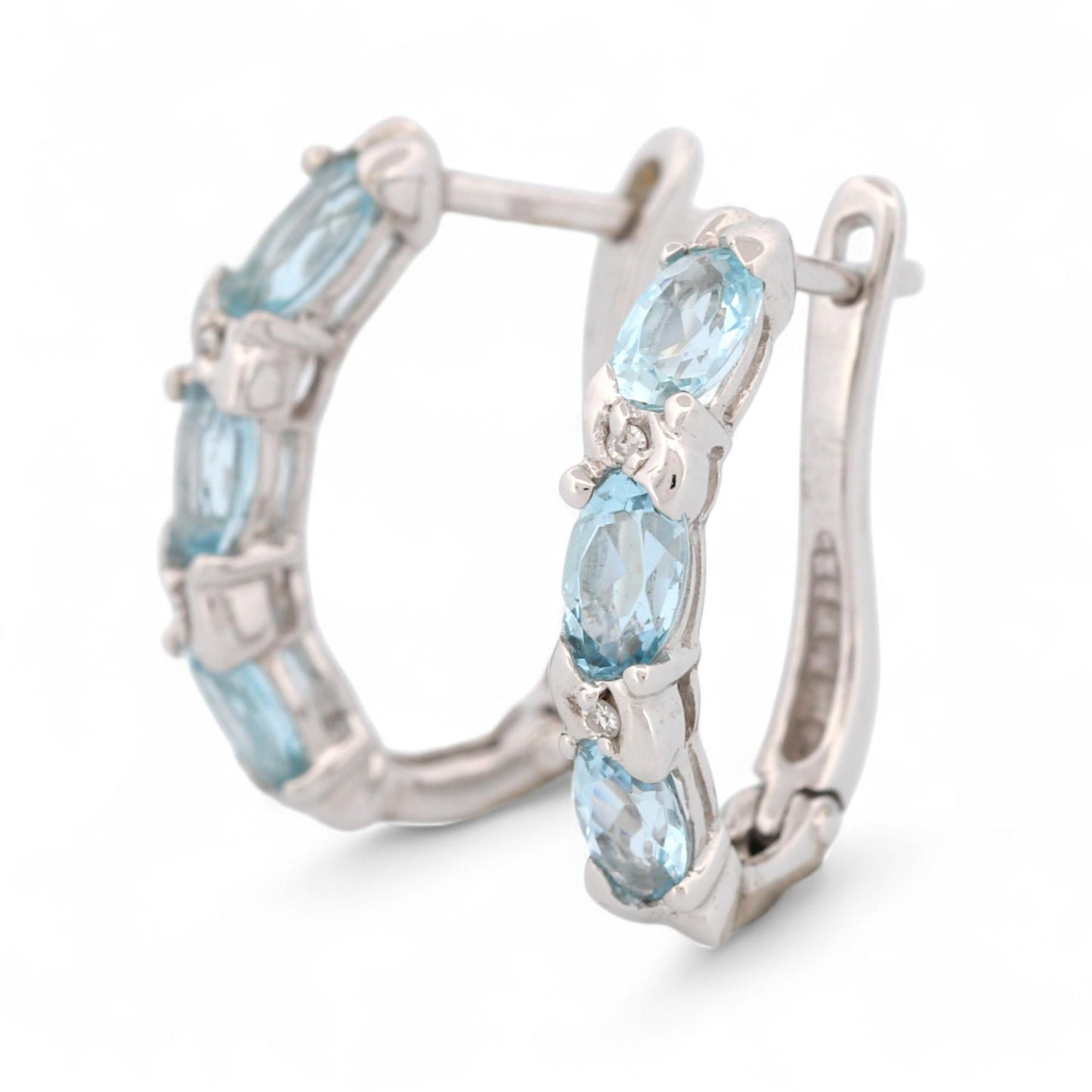 14K White Gold Aquamarine and Diamond Hinged Hoop Earrings