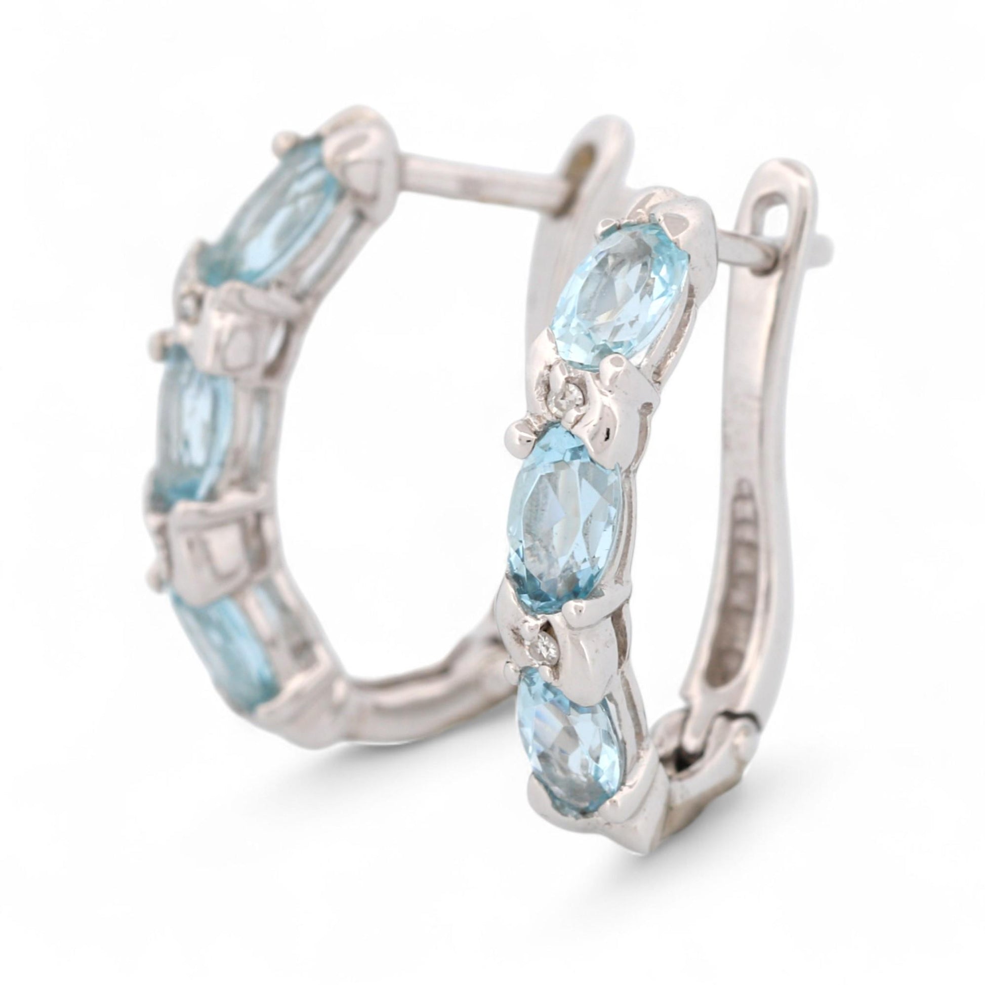 14K White Gold Aquamarine and Diamond Hinged Hoop Earrings