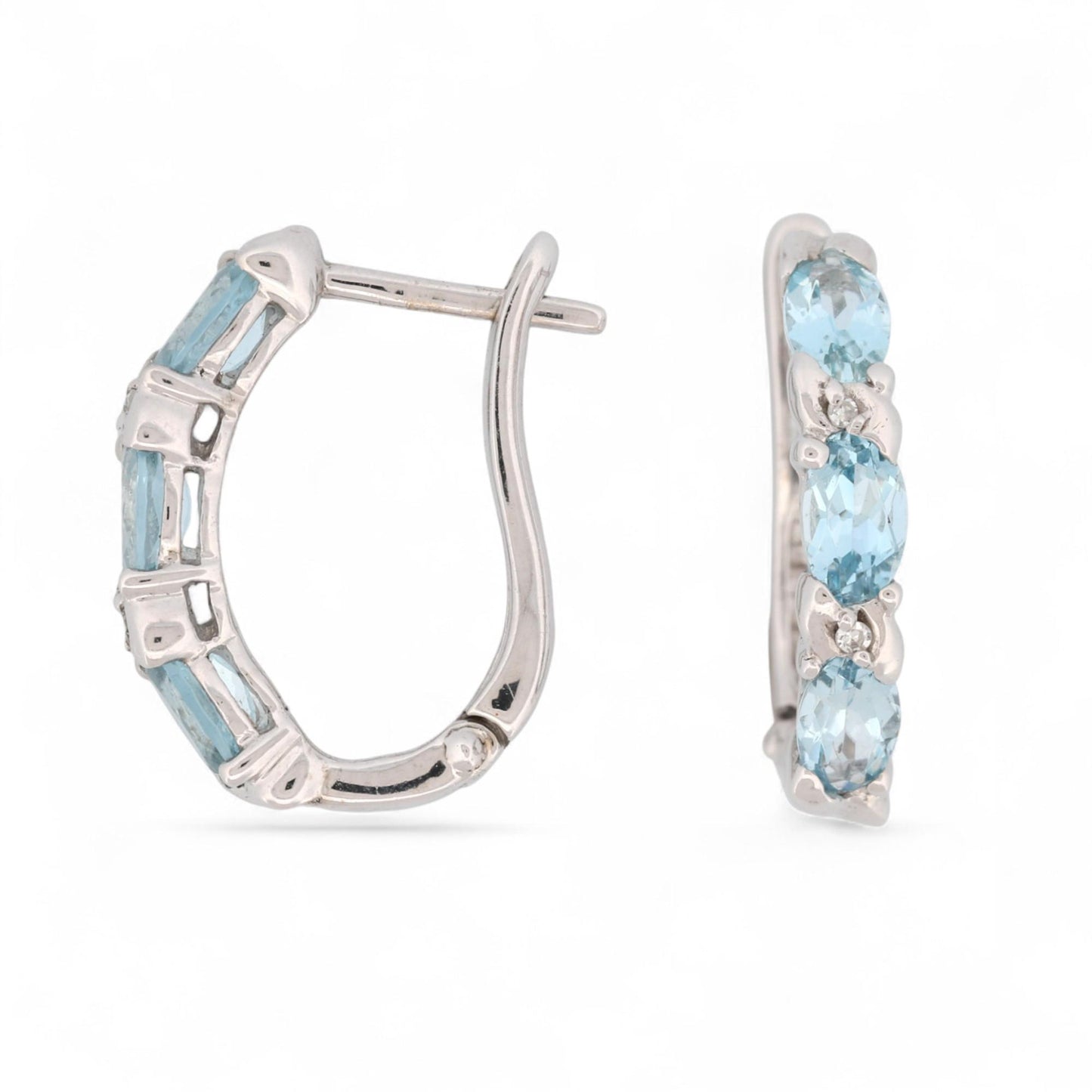 14K White Gold Aquamarine and Diamond Hinged Hoop Earrings