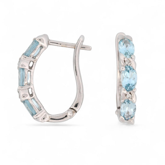 14K White Gold Aquamarine and Diamond Hinged Hoop Earrings