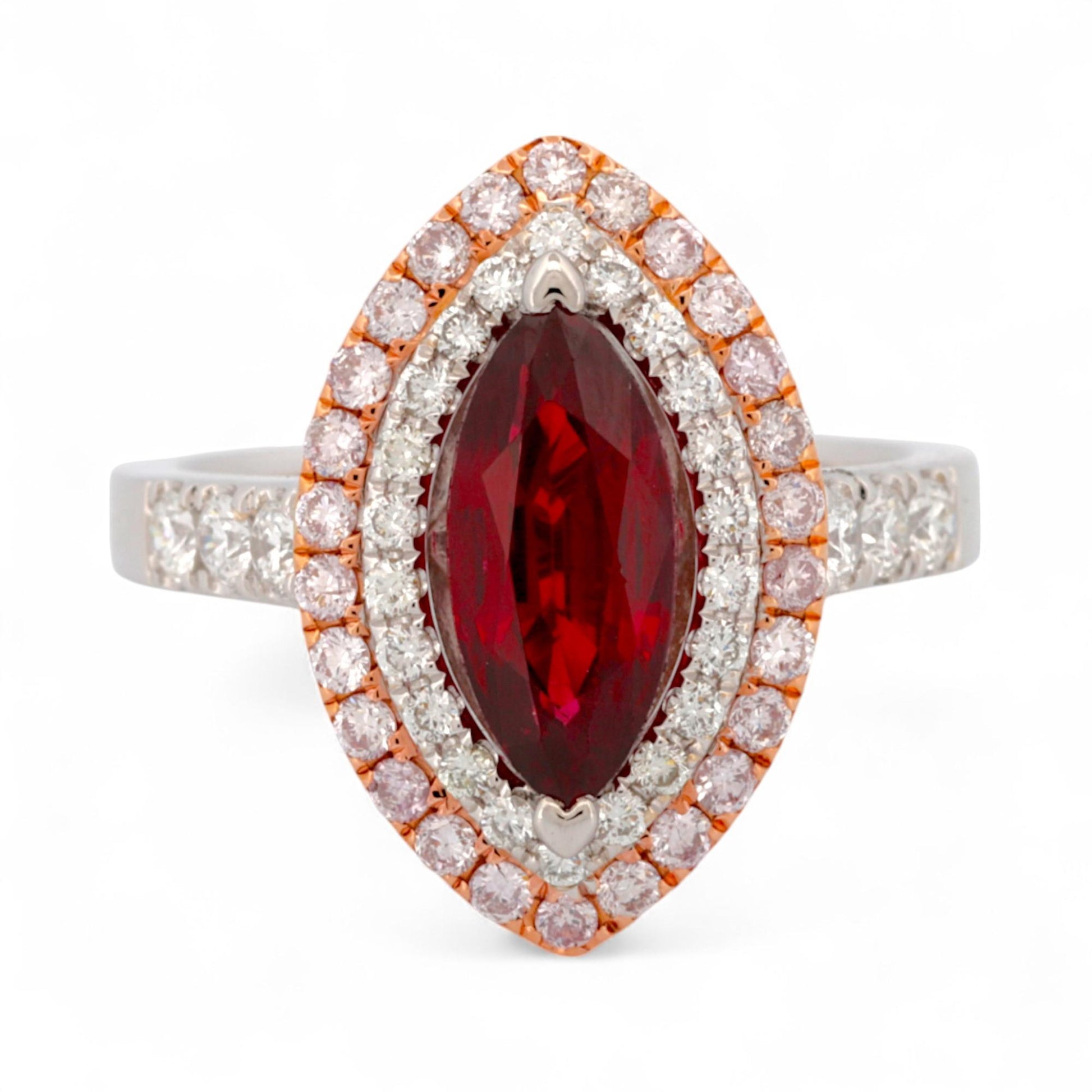 GIA-Certified Marquise Ruby & Diamond Double-Halo Ring in 18K White & Rose Gold