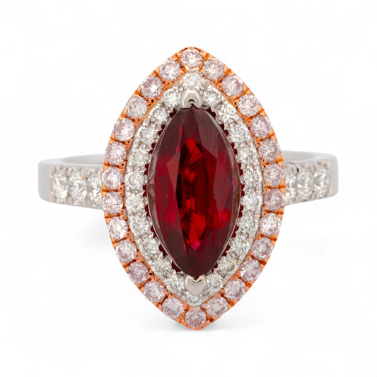 GIA-Certified Marquise Ruby & Diamond Double-Halo Ring in 18K White & Rose Gold