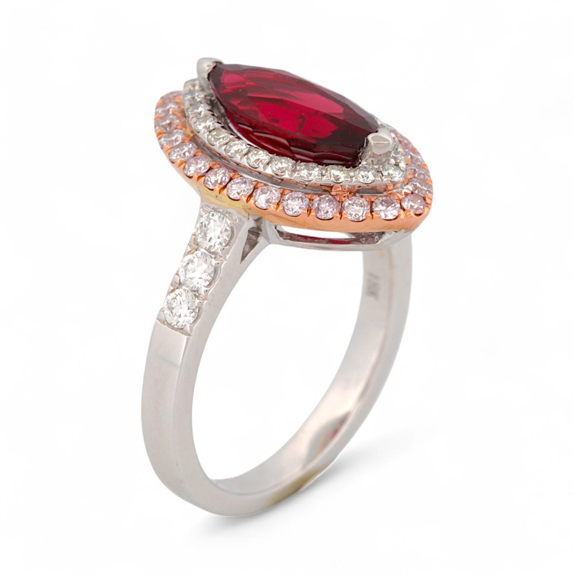 GIA-Certified Marquise Ruby & Diamond Double-Halo Ring in 18K White & Rose Gold