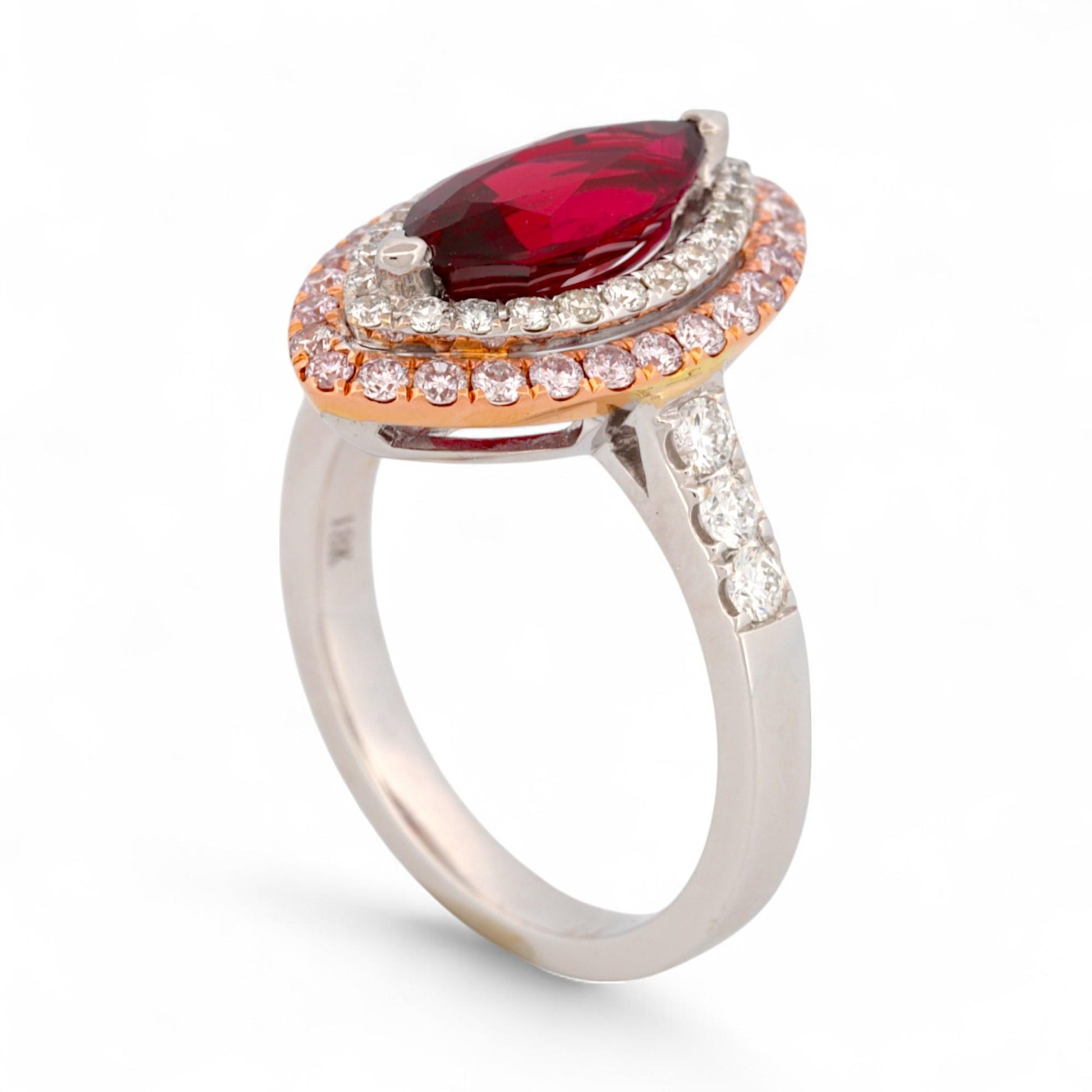 GIA-Certified Marquise Ruby & Diamond Double-Halo Ring in 18K White & Rose Gold