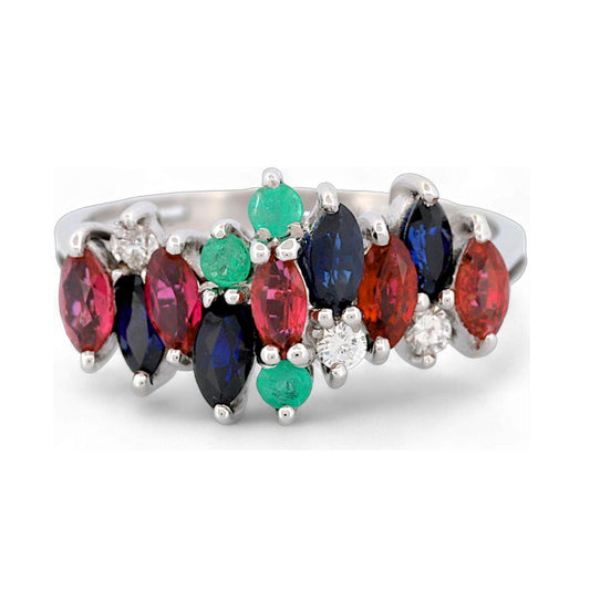 18K White Gold MK Signed Sapphire Ruby Emerald Diamond Cluster Ring Size 7