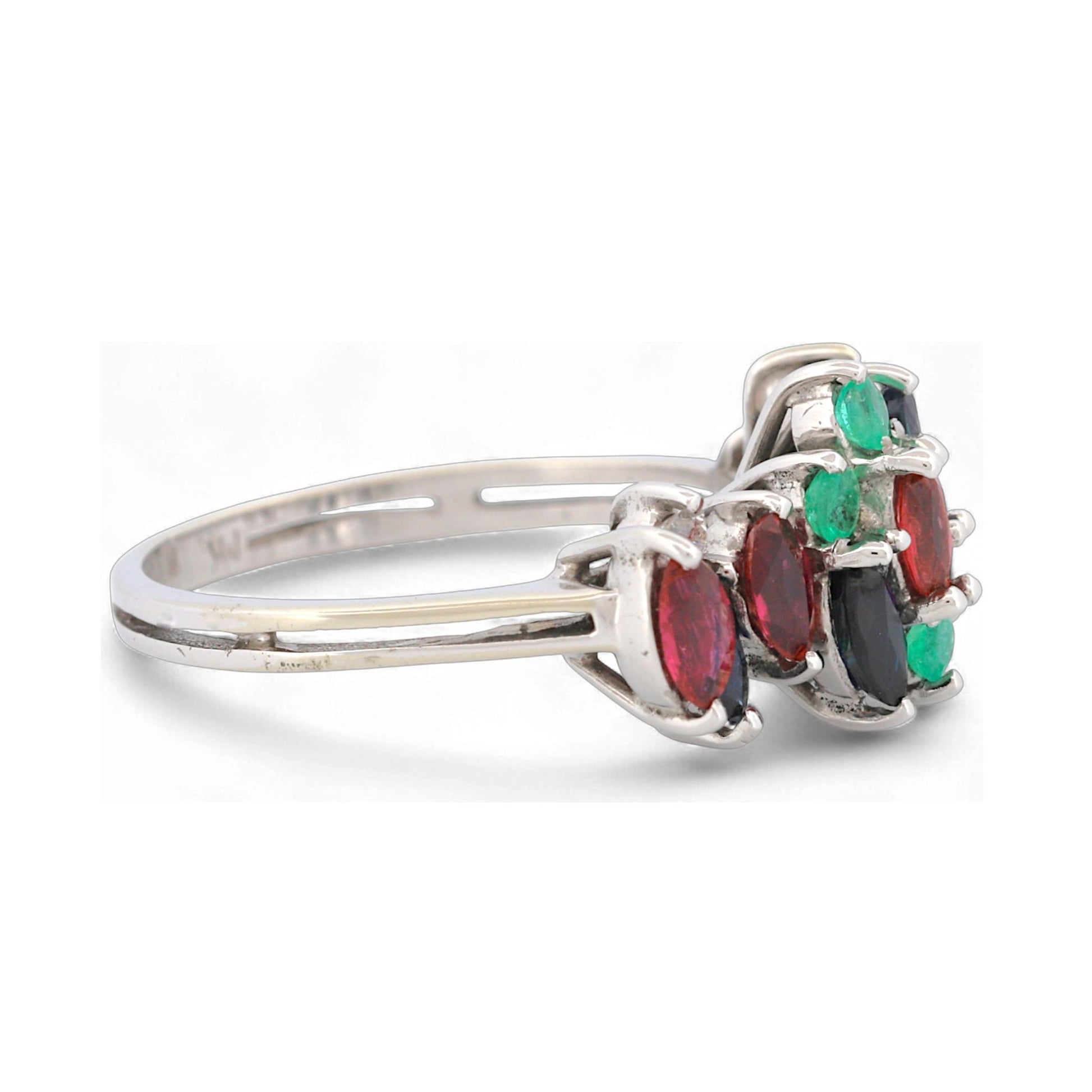 18K White Gold MK Signed Sapphire Ruby Emerald Diamond Cluster Ring Size 7