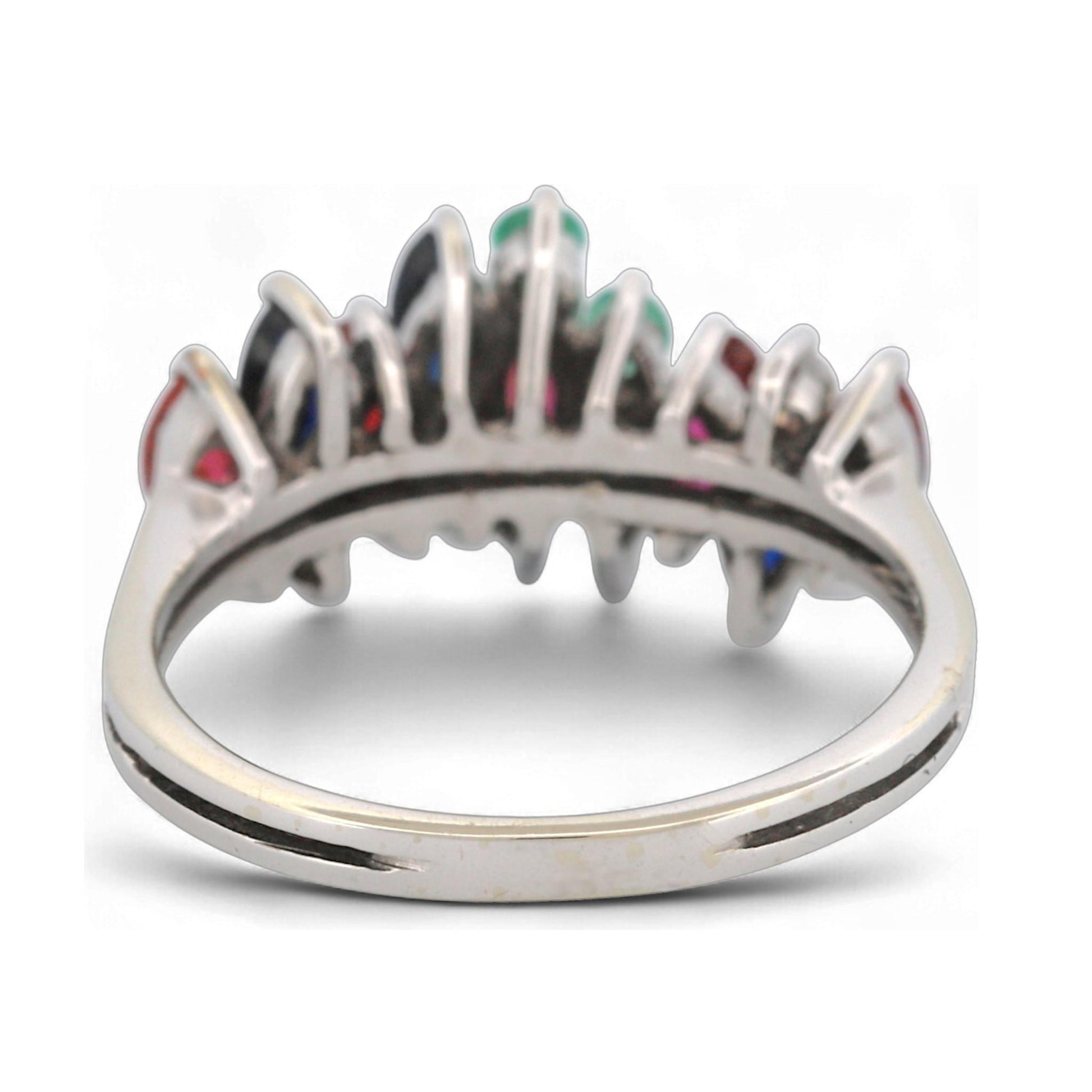 18K White Gold MK Signed Sapphire Ruby Emerald Diamond Cluster Ring Size 7