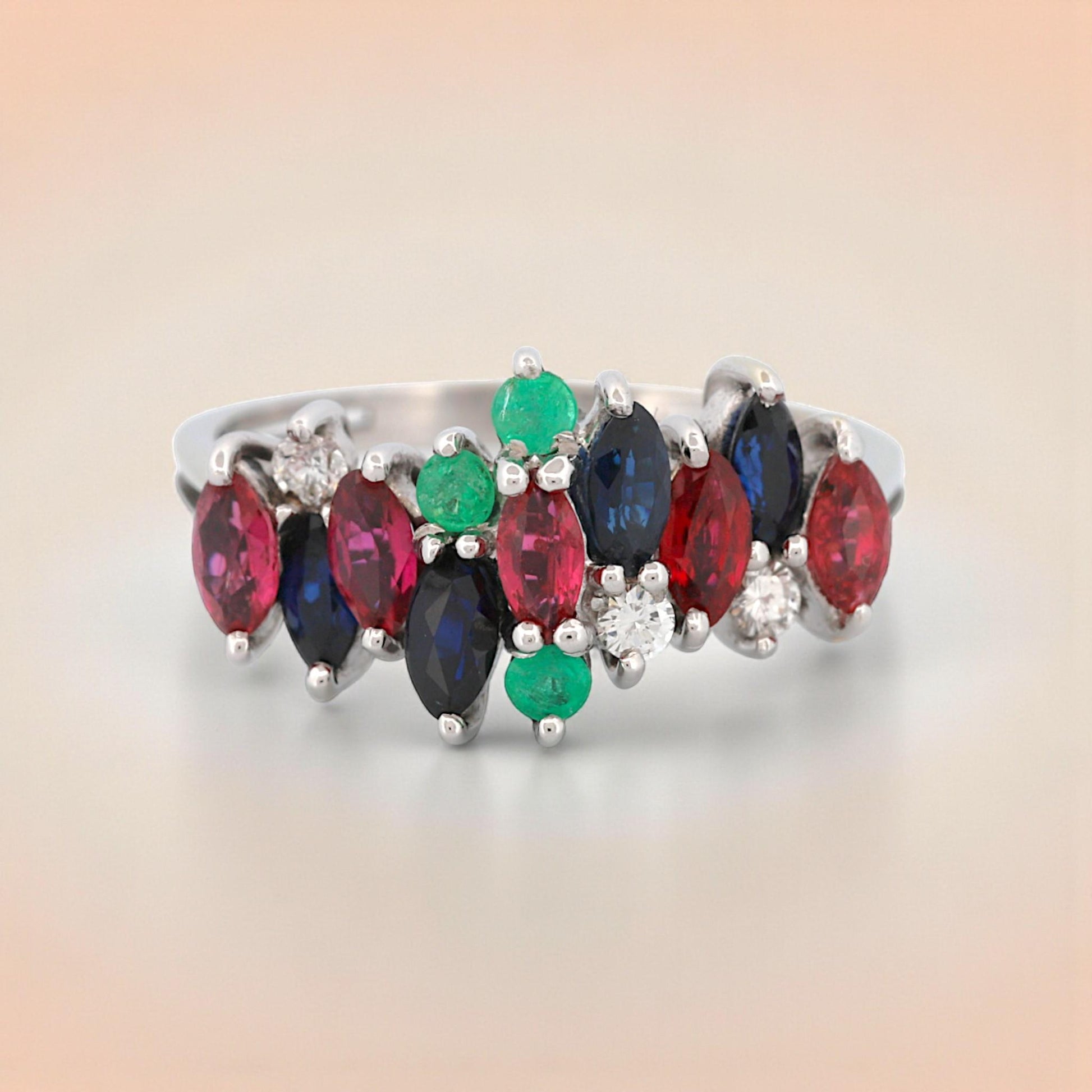 18K White Gold MK Signed Sapphire Ruby Emerald Diamond Cluster Ring Size 7