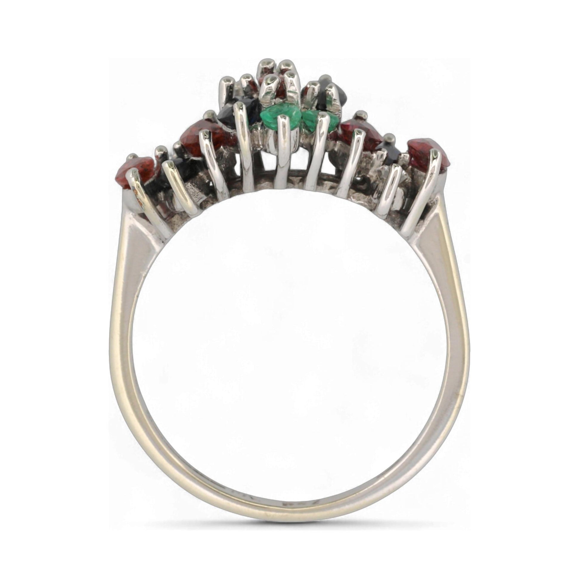 18K White Gold MK Signed Sapphire Ruby Emerald Diamond Cluster Ring Size 7