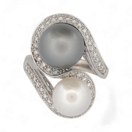 14K White Gold BH Signed Black & White Pearl Diamond Statement Ring Size 8.25