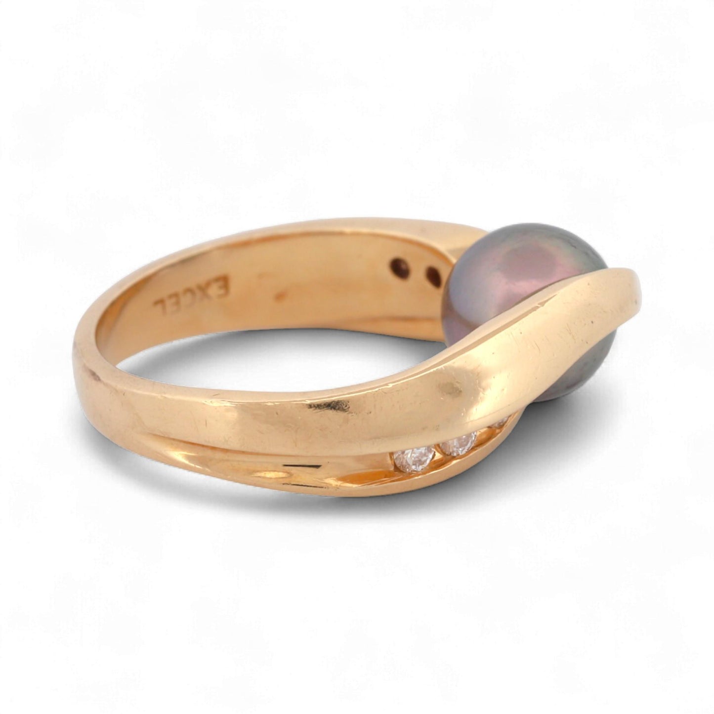 Excel Jewelers 14K Yellow Gold Black Pearl & Diamond Band Ring Size 6.5