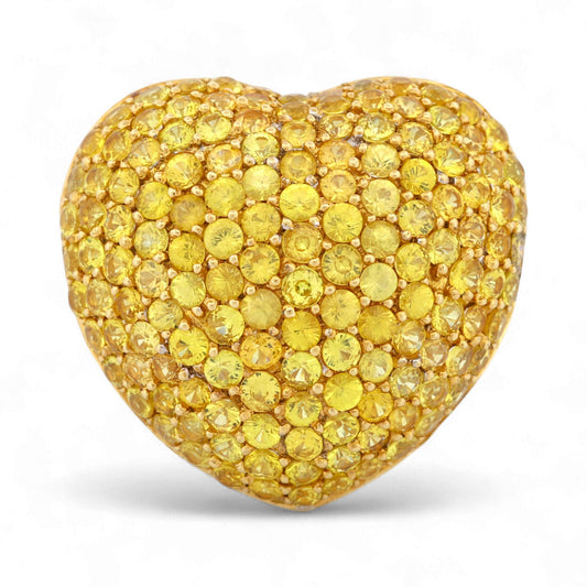 18K Yellow Gold Puffed Heart Sapphire & Diamond Statement Ring Size 7.5
