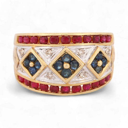 14K Yellow Gold Wide Ruby, Sapphire & Diamond Wide Band Ring Size 6.5