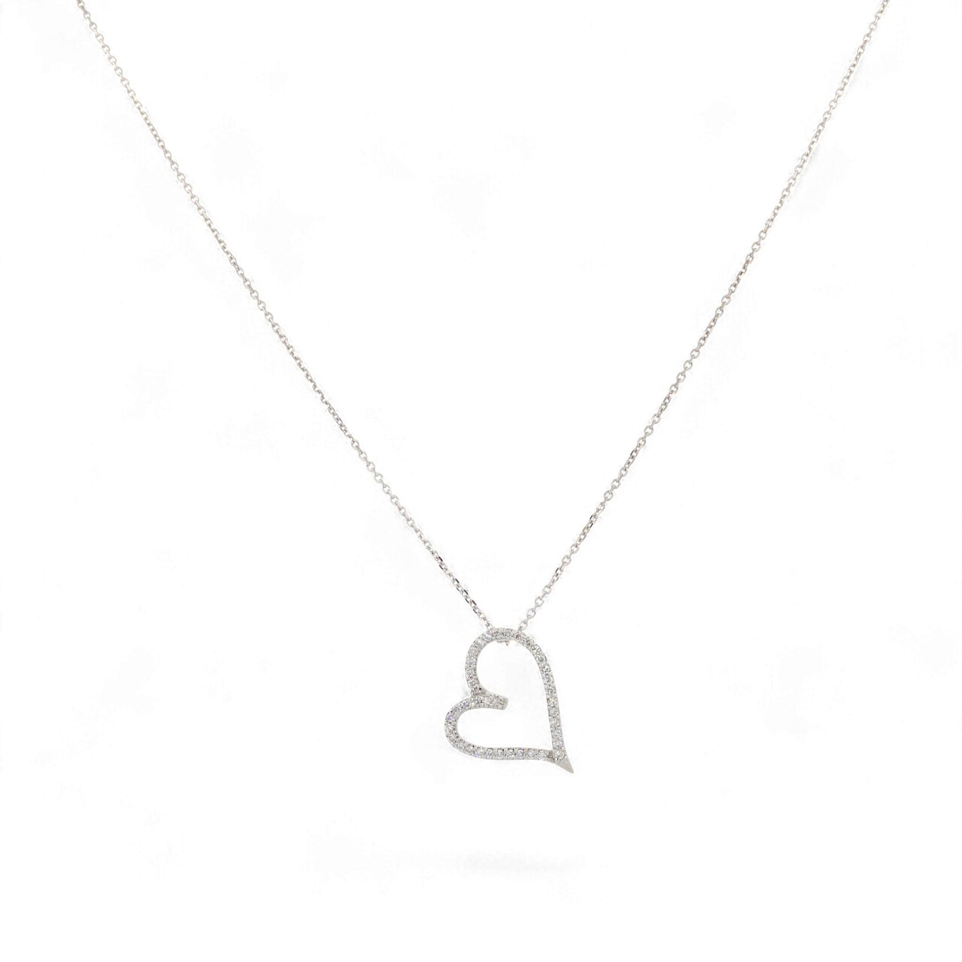 14K White Gold Diamond Open Heart Pendant Necklace 18 Inch