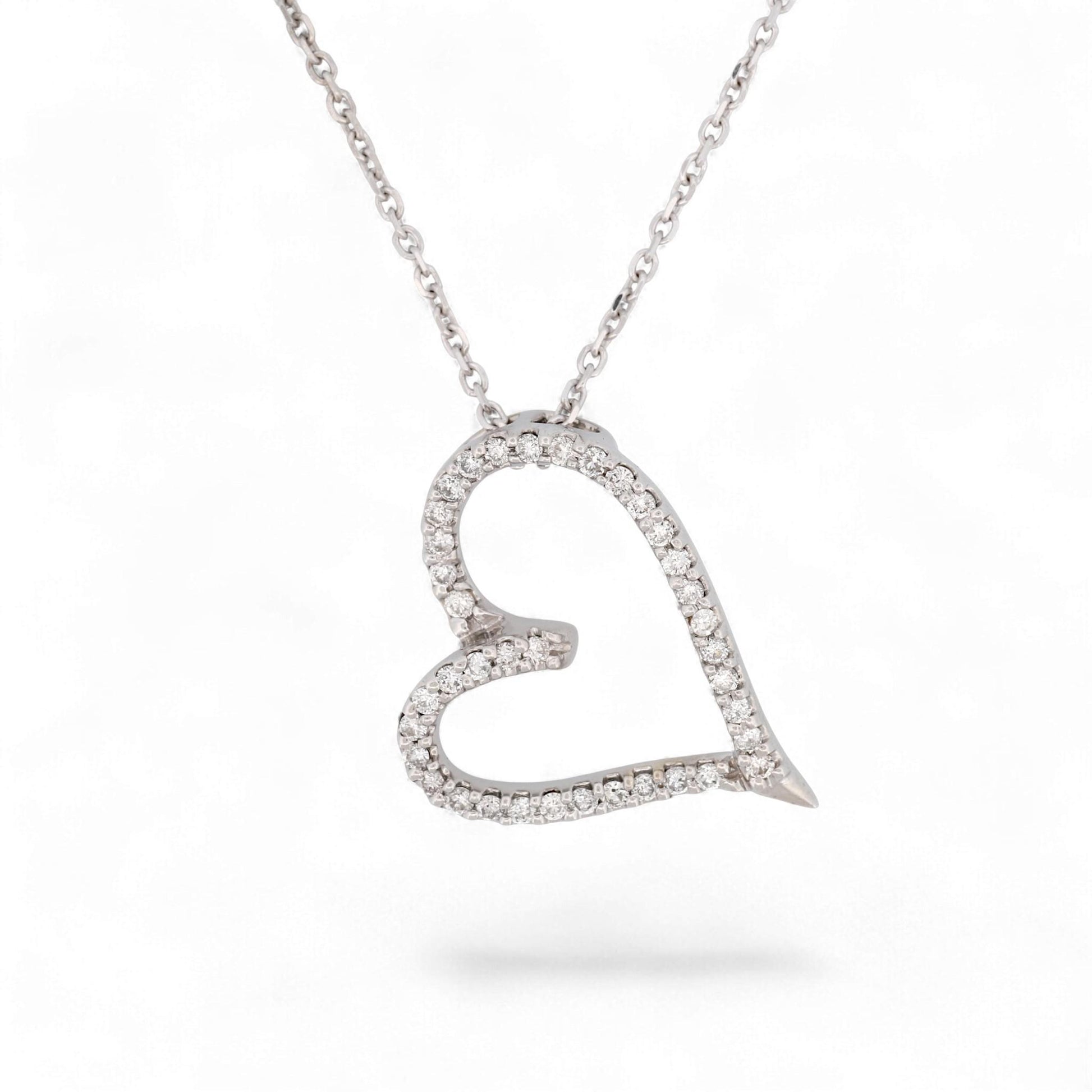14K White Gold Diamond Open Heart Pendant Necklace 18 Inch