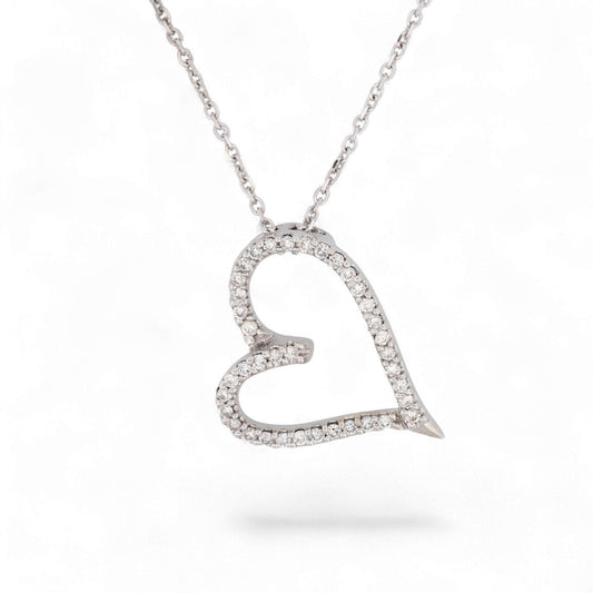 14K White Gold Diamond Open Heart Pendant Necklace 18 Inch