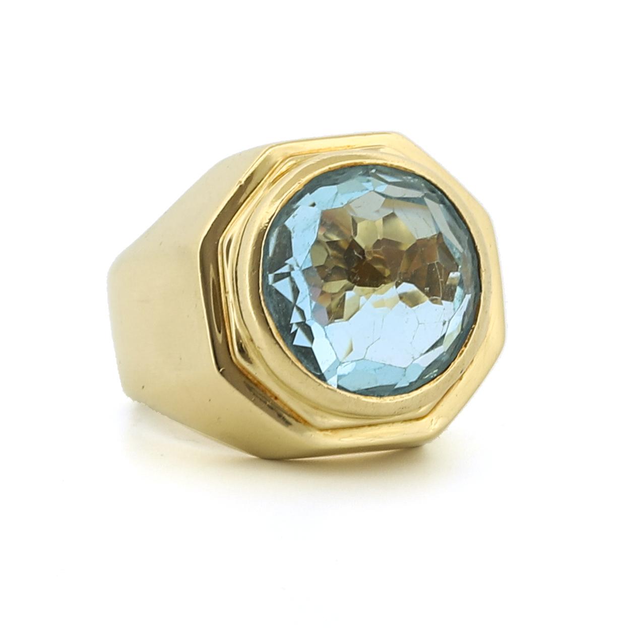Italian Blue Topaz 18k Yellow Gold Octangon Statement Ring - Size 7