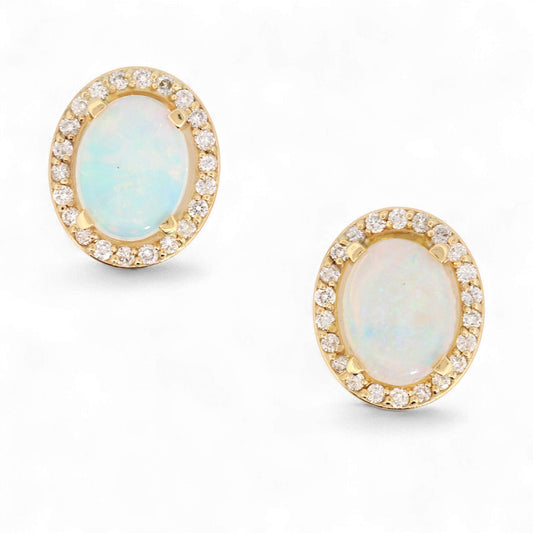 Jennifer Rivera 14K Gold Opal & Diamond Halo Earrings with Heart Signature