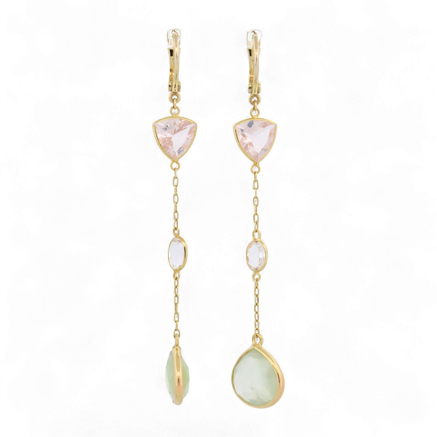 18K Yellow Gold Pink, Clear & Green Quartz Gemstone Drop Earrings