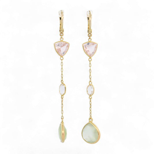 18K Yellow Gold Pink, Clear & Green Quartz Gemstone Drop Earrings