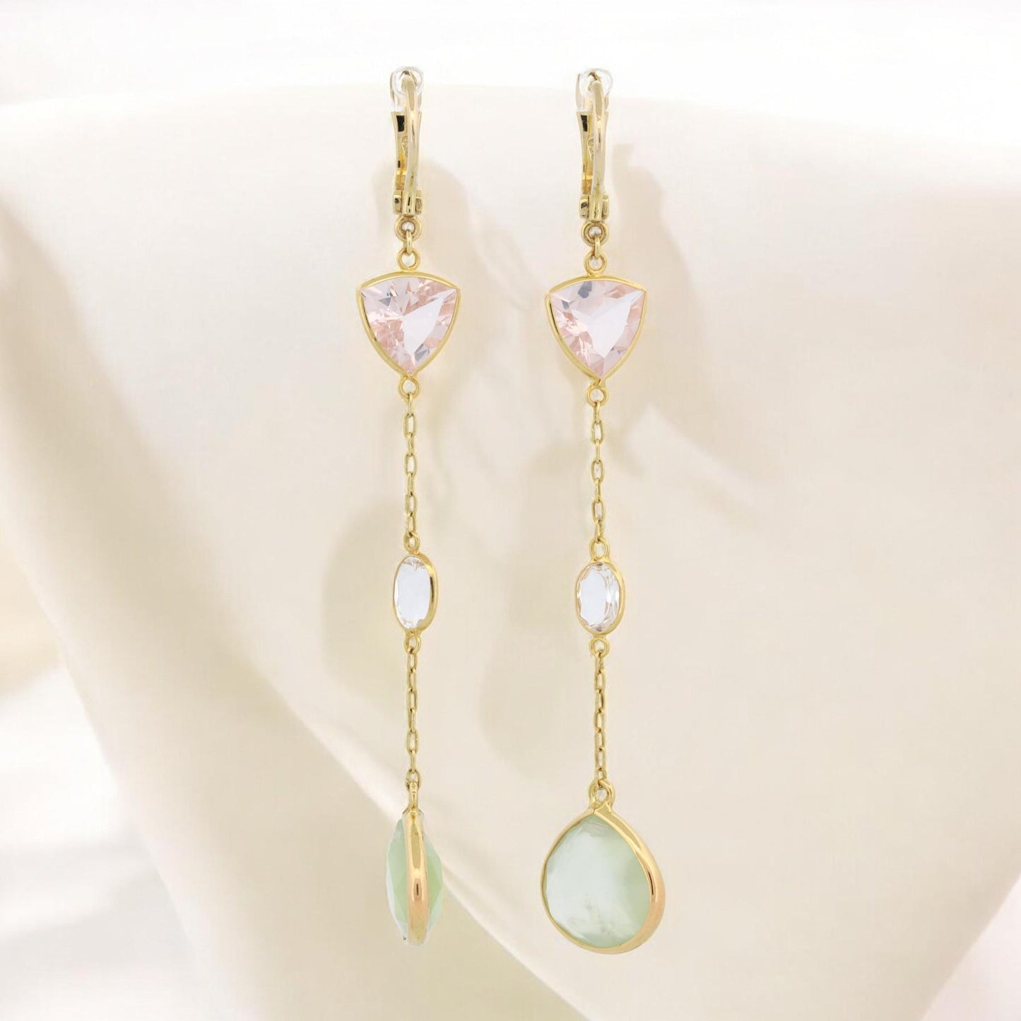 18K Yellow Gold Pink, Clear & Green Quartz Gemstone Drop Earrings