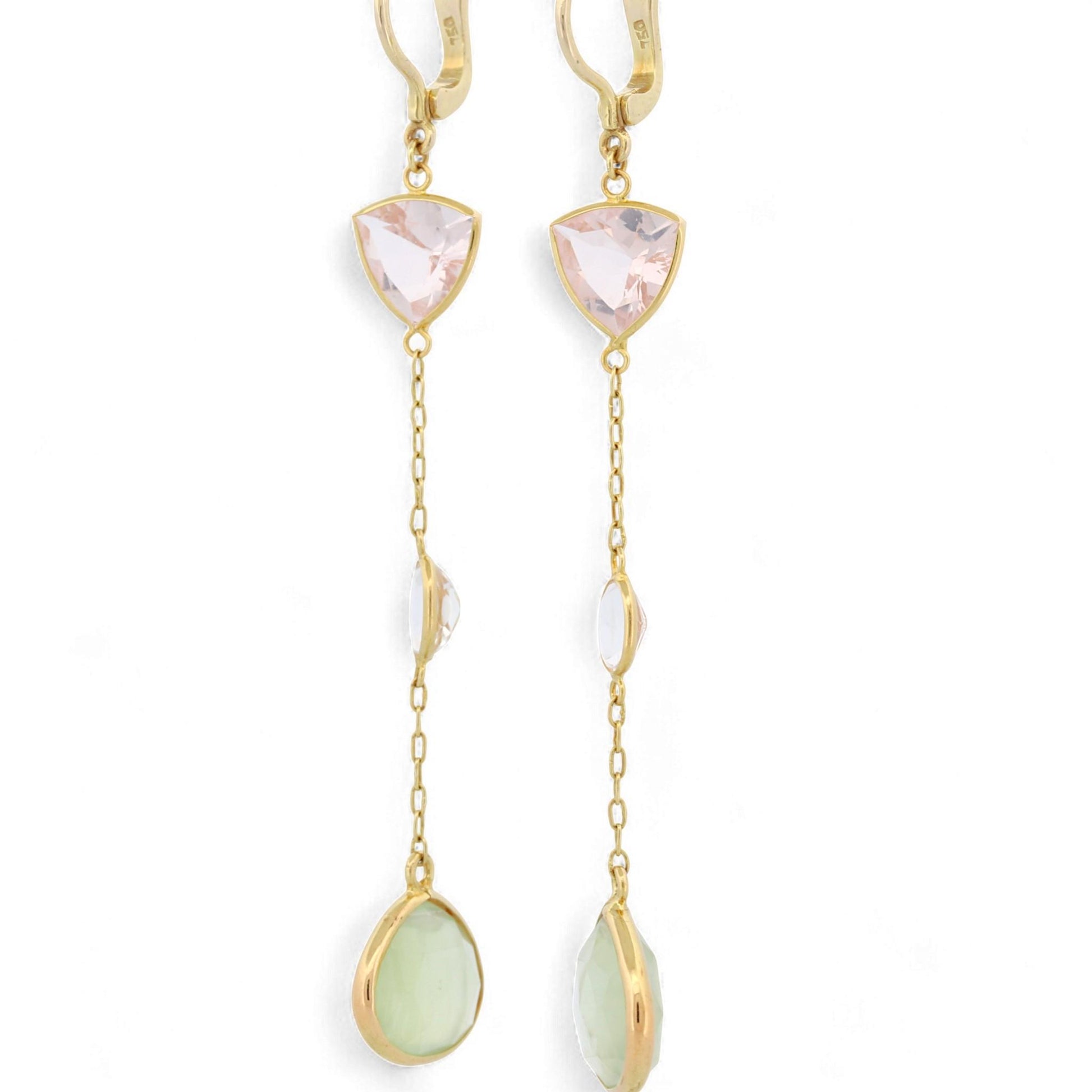 18K Yellow Gold Pink, Clear & Green Quartz Gemstone Drop Earrings
