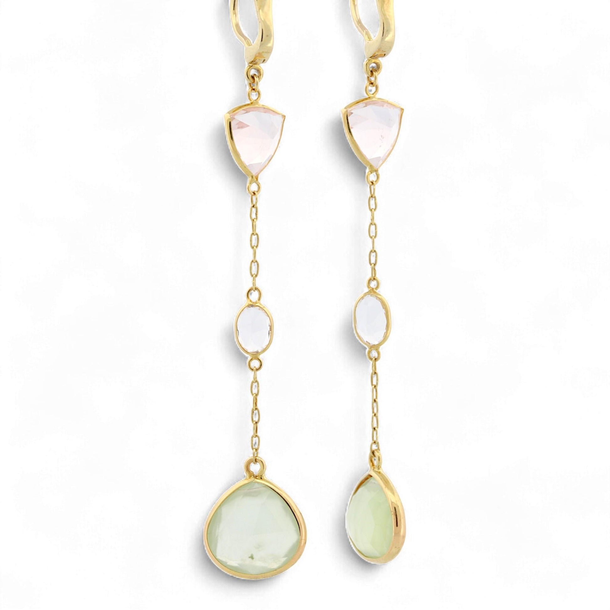 18K Yellow Gold Pink, Clear & Green Quartz Gemstone Drop Earrings