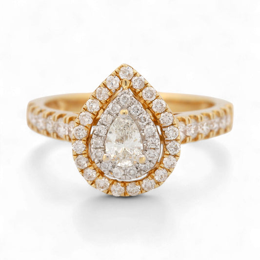 14K Yellow Gold Double-Halo Pear Diamond Ring 1.05ct Size 7
