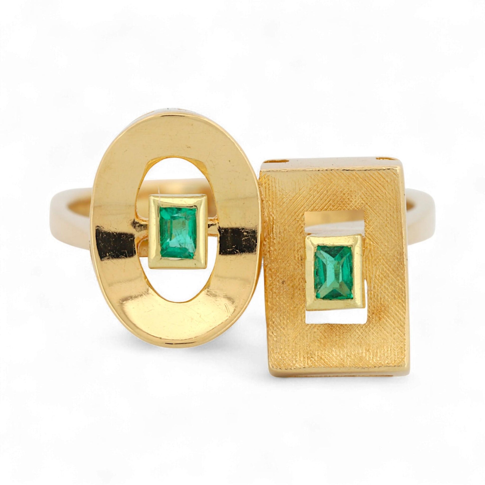 Vintage 18K Yellow Gold Emerald Geometric Bezel Ring Size 7