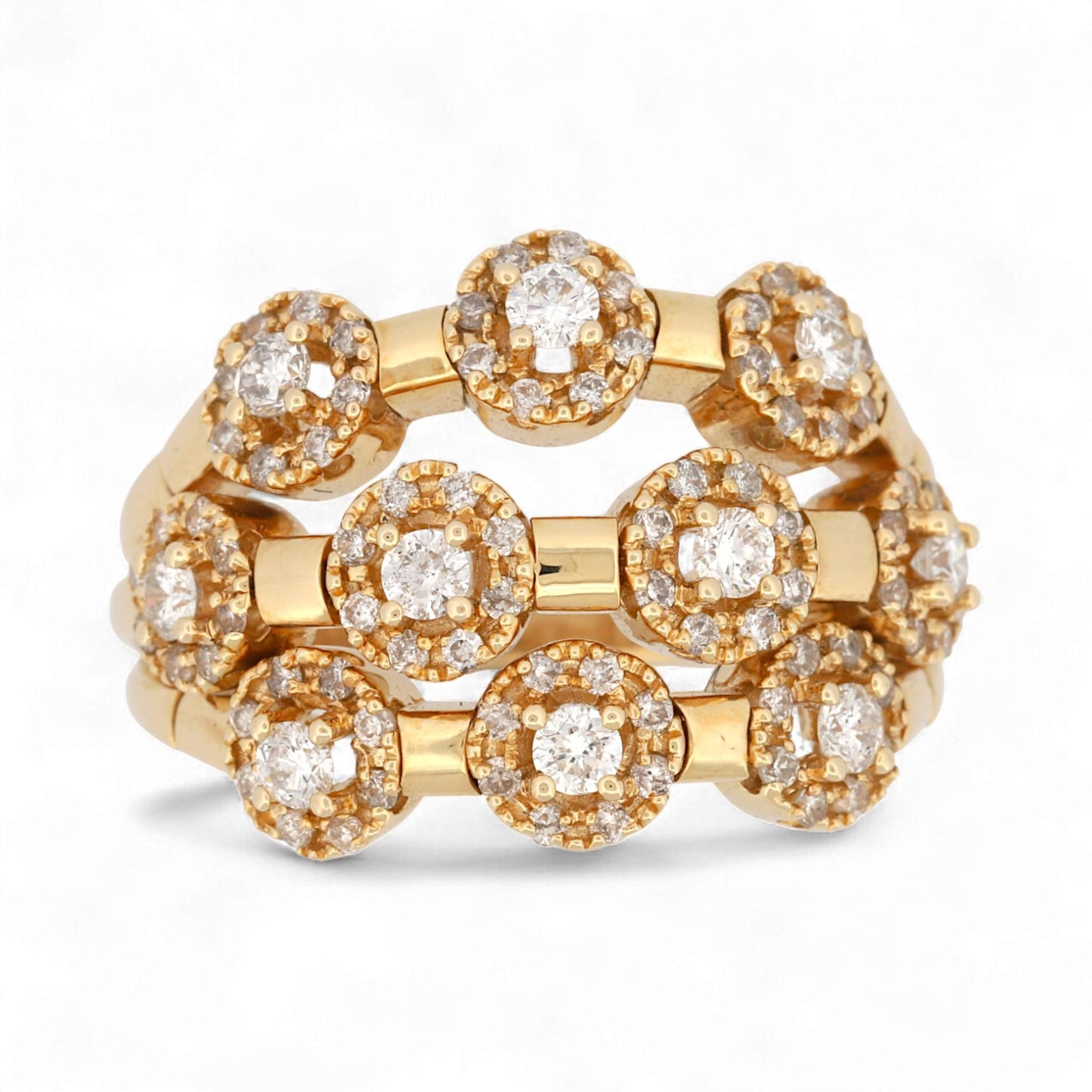Sonia B 14K Yellow Gold Three-Row Diamond Wide Band Ring 1.52 ct Size 10