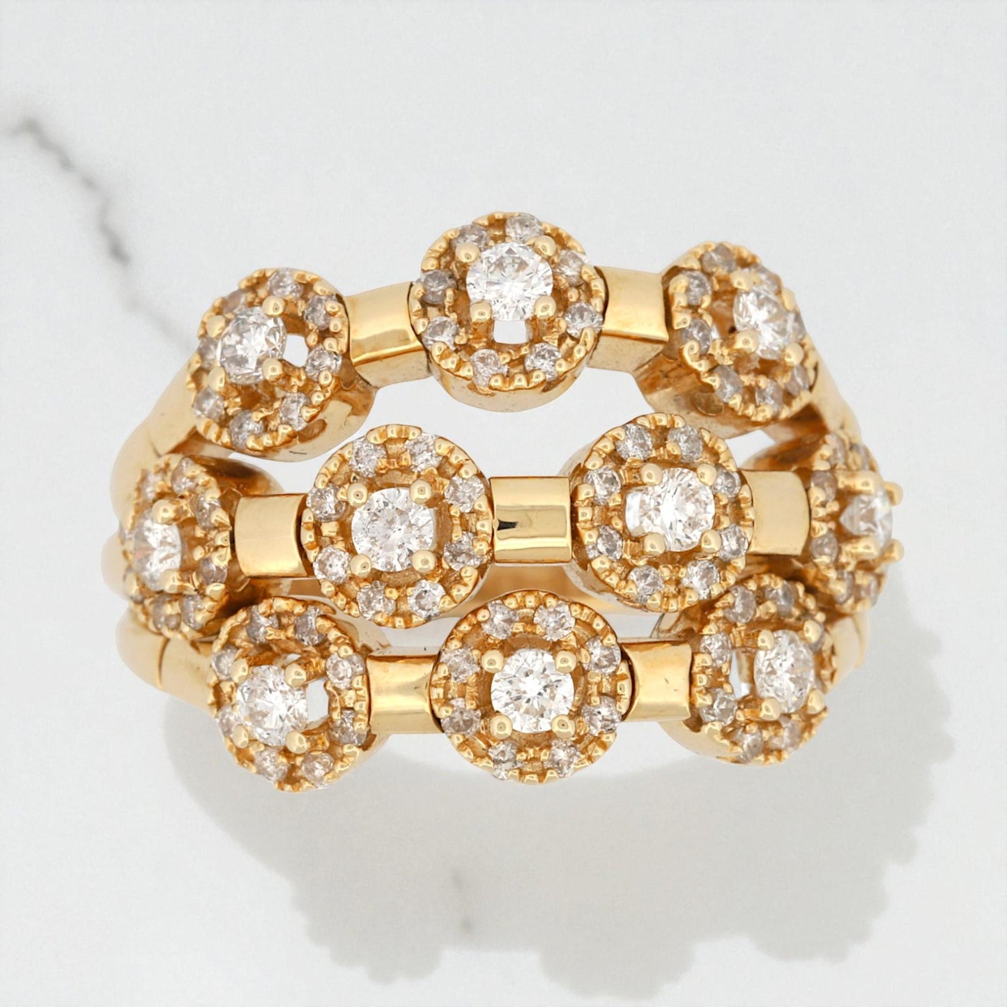 Sonia B 14K Yellow Gold Three-Row Diamond Wide Band Ring 1.52 ct Size 10