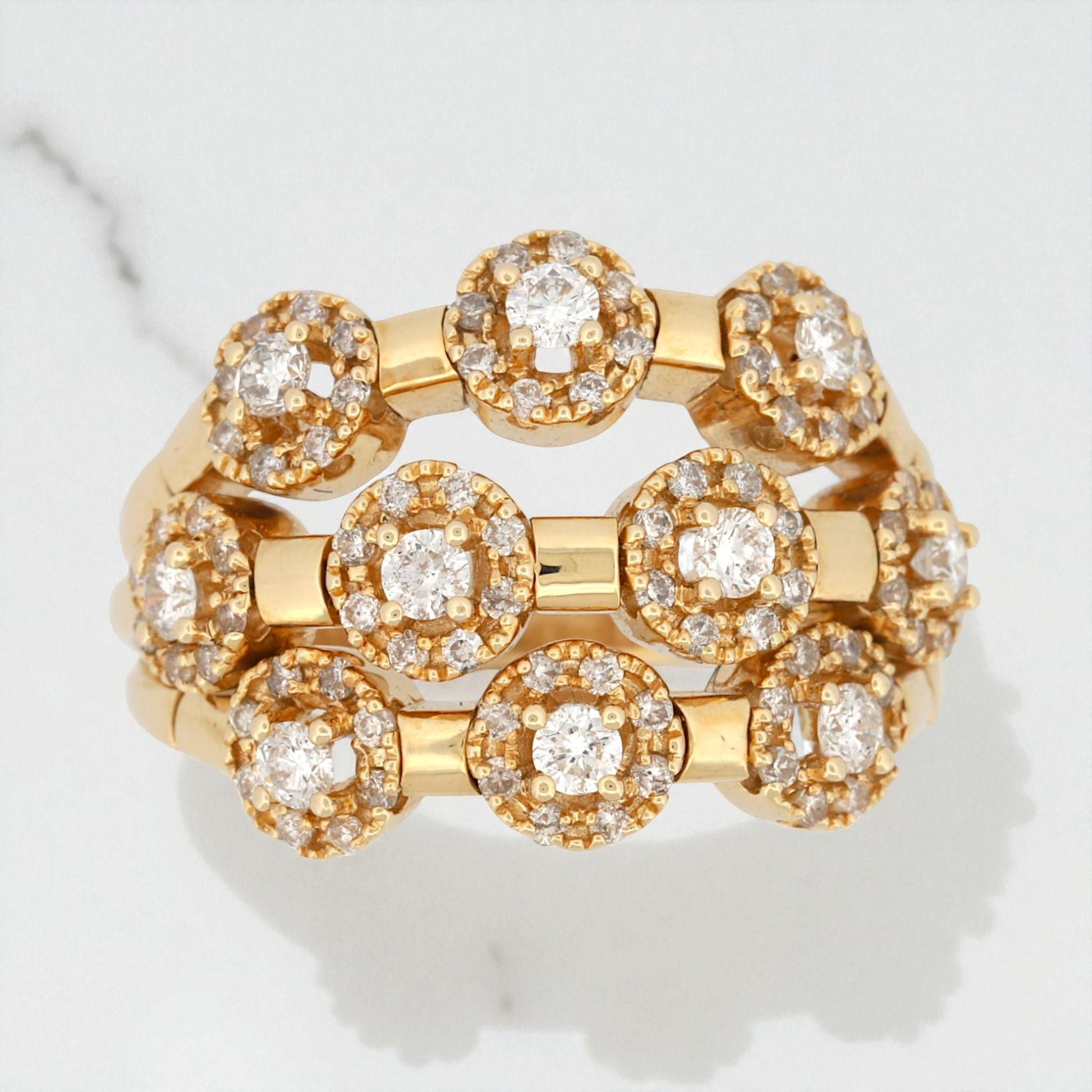 Sonia B 14K Yellow Gold Three-Row Diamond Wide Band Ring 1.52 ct Size 10