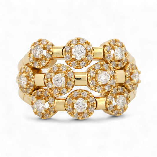 Sonia B 14K Yellow Gold Three-Row Diamond Wide Band Ring 1.52 ct Size 10