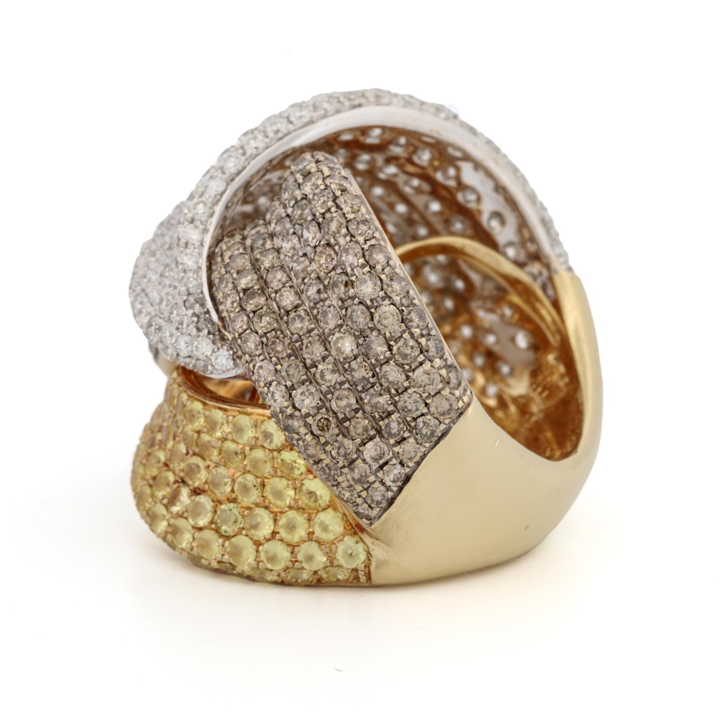 Fashion Statement Ring Brown & White Diamonds, Yellow Sapphires Signed LTJ