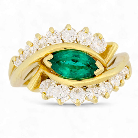 Vintage 18K Yellow Gold Emerald & Diamond Evil Eye Ring Size 5