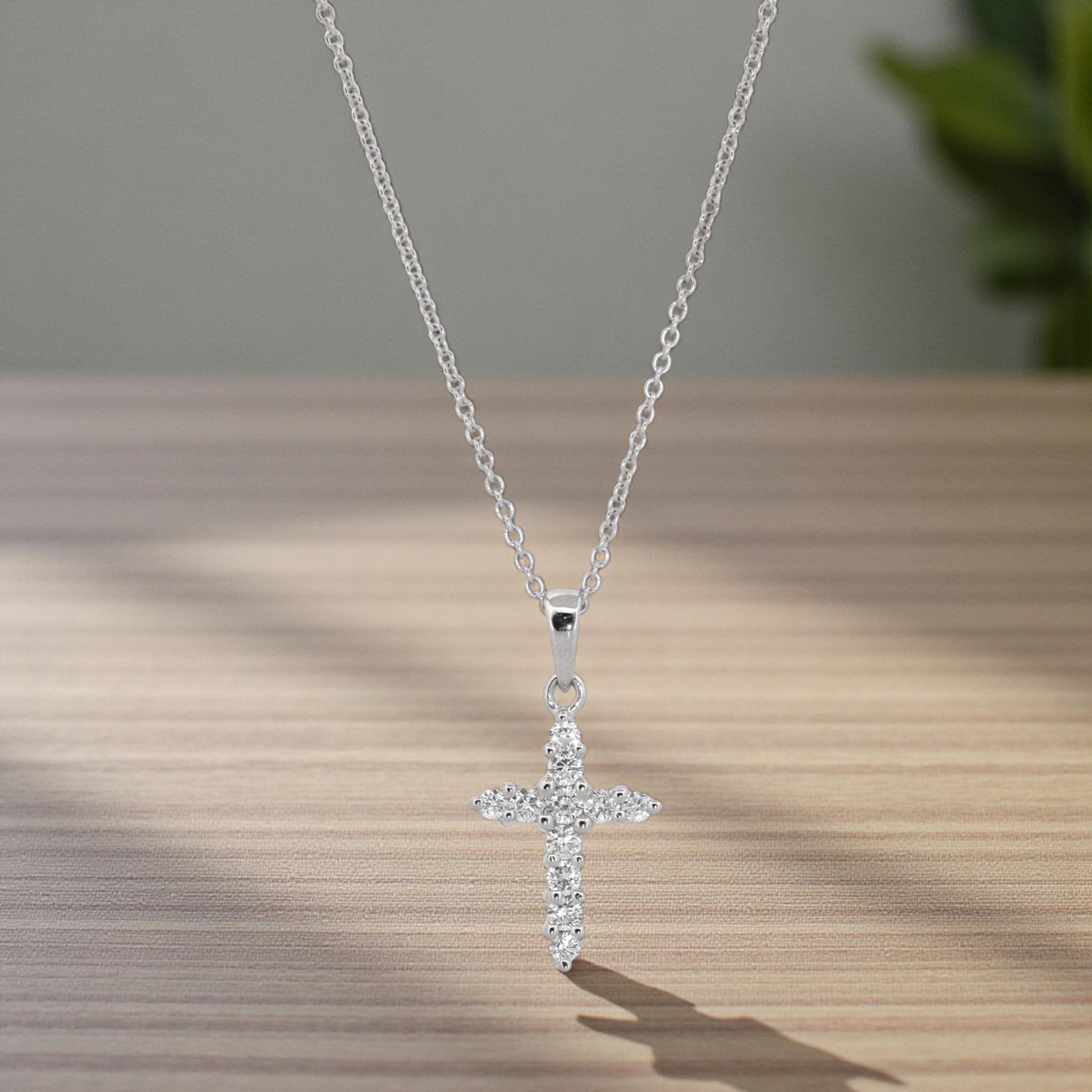 18K White Gold Diamond  Cross Small Pendant Necklace Minimalist