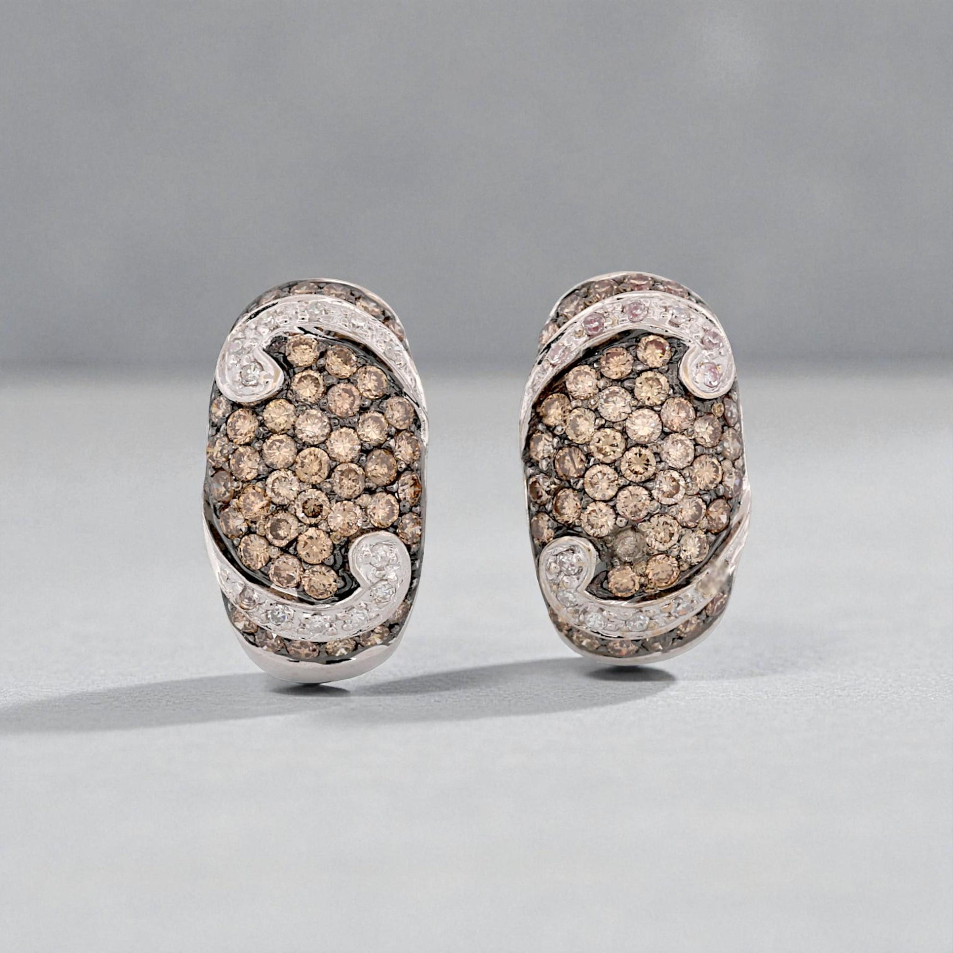 Vintage 18k White Gold Brown & White Diamond Black Rhodium Earrings