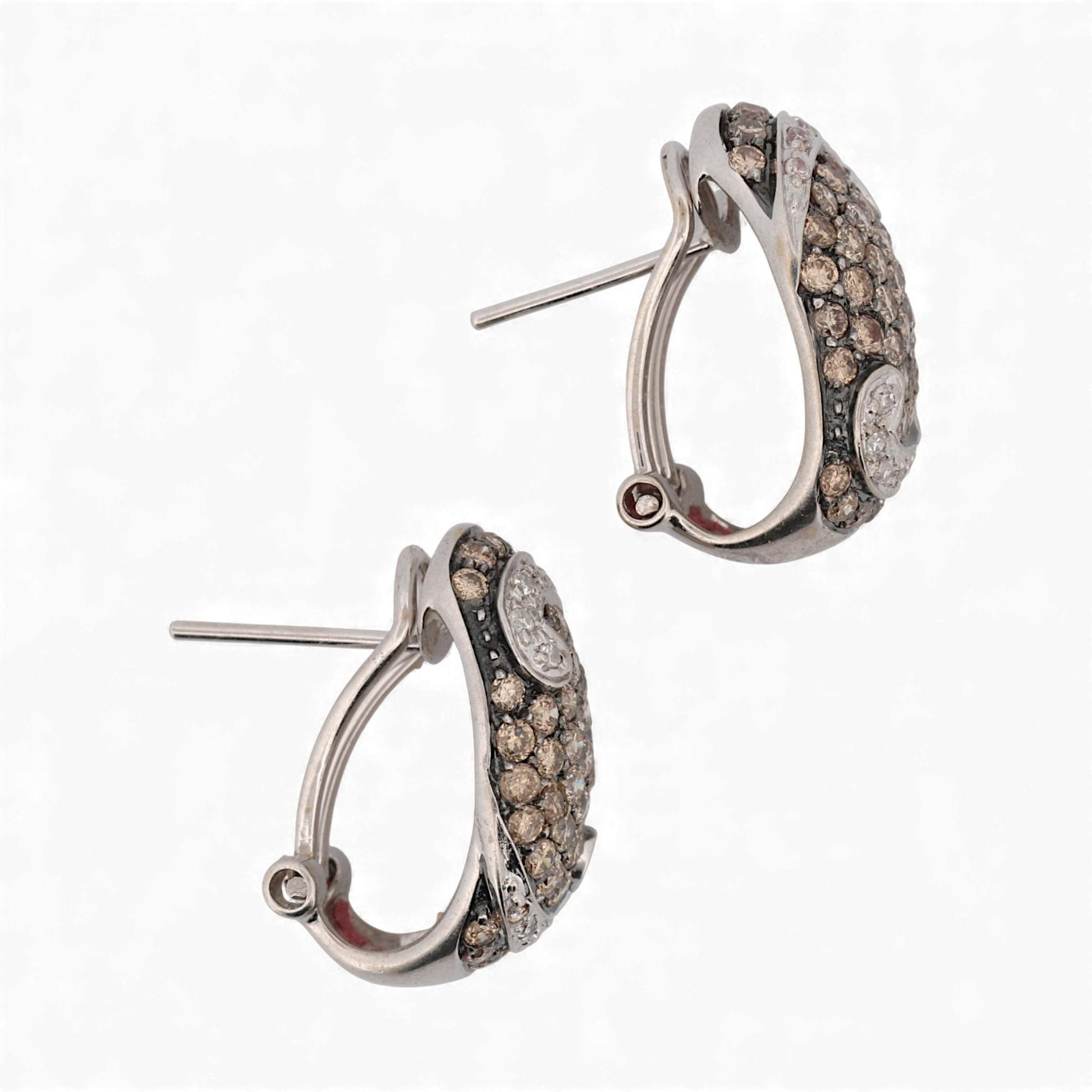 Vintage 18k White Gold Brown & White Diamond Black Rhodium Earrings