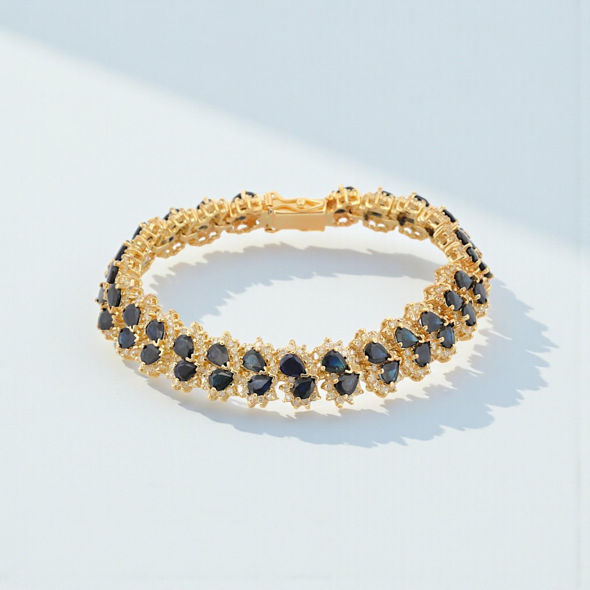 14k Yellow Gold Blue Sapphire & Diamond Retro Link Bracelet 17ct Sapphires