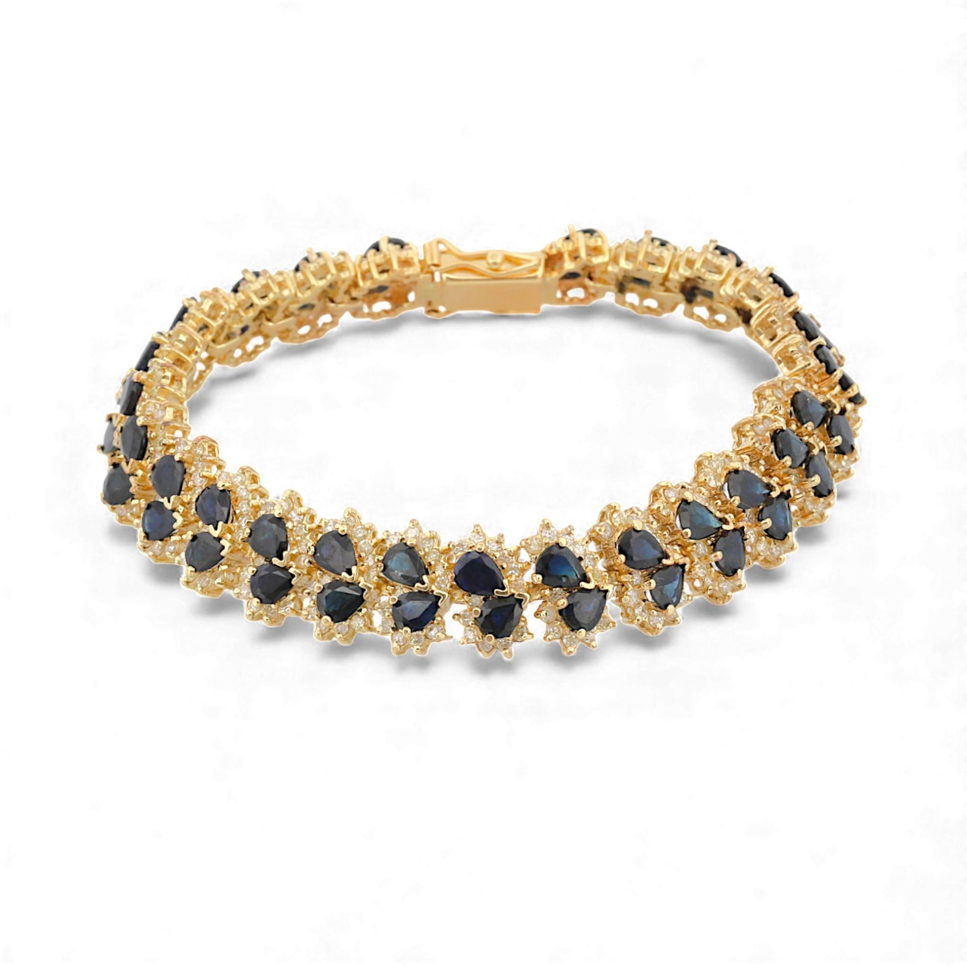 14k Yellow Gold Blue Sapphire & Diamond Retro Link Bracelet 17ct Sapphires