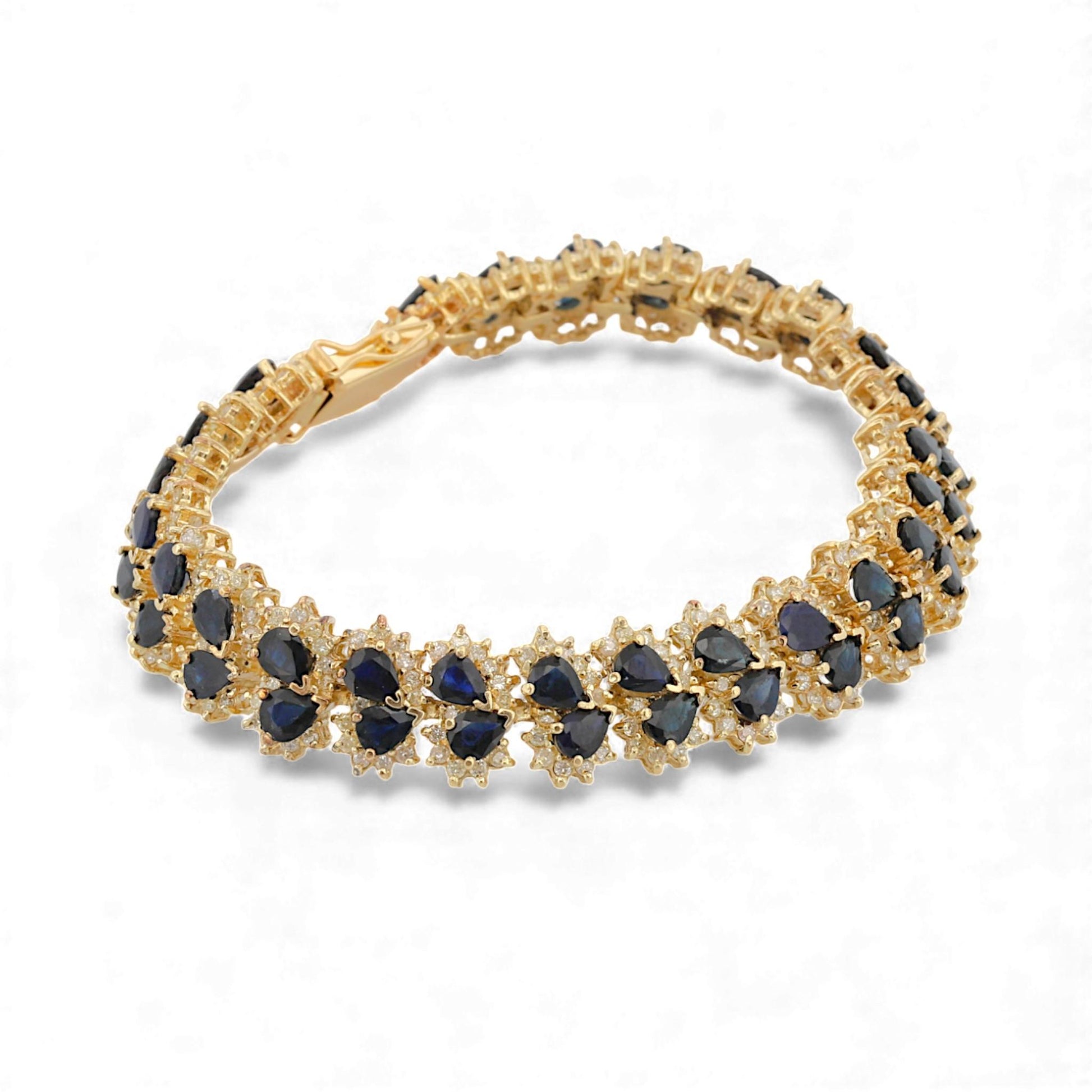 14k Yellow Gold Blue Sapphire & Diamond Retro Link Bracelet 17ct Sapphires