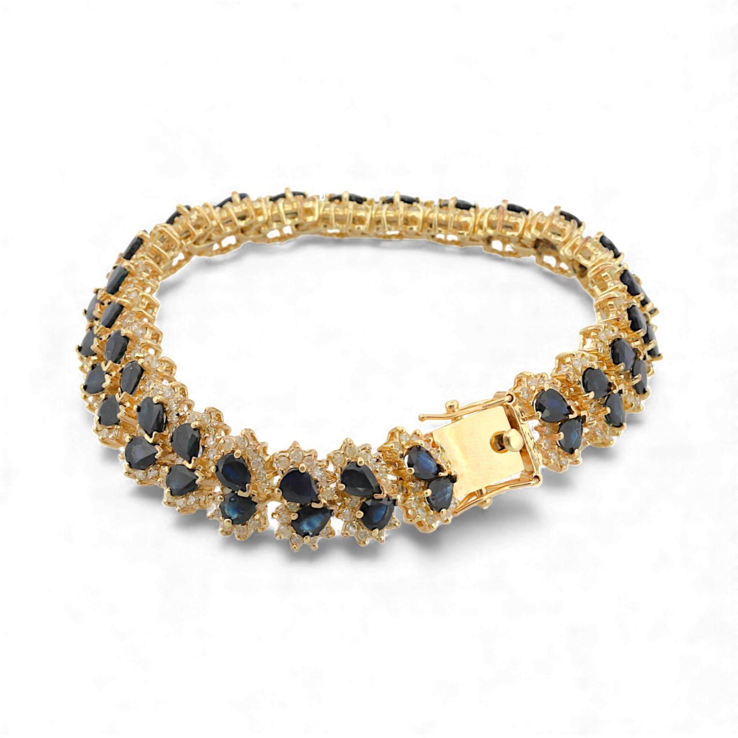14k Yellow Gold Blue Sapphire & Diamond Retro Link Bracelet 17ct Sapphires