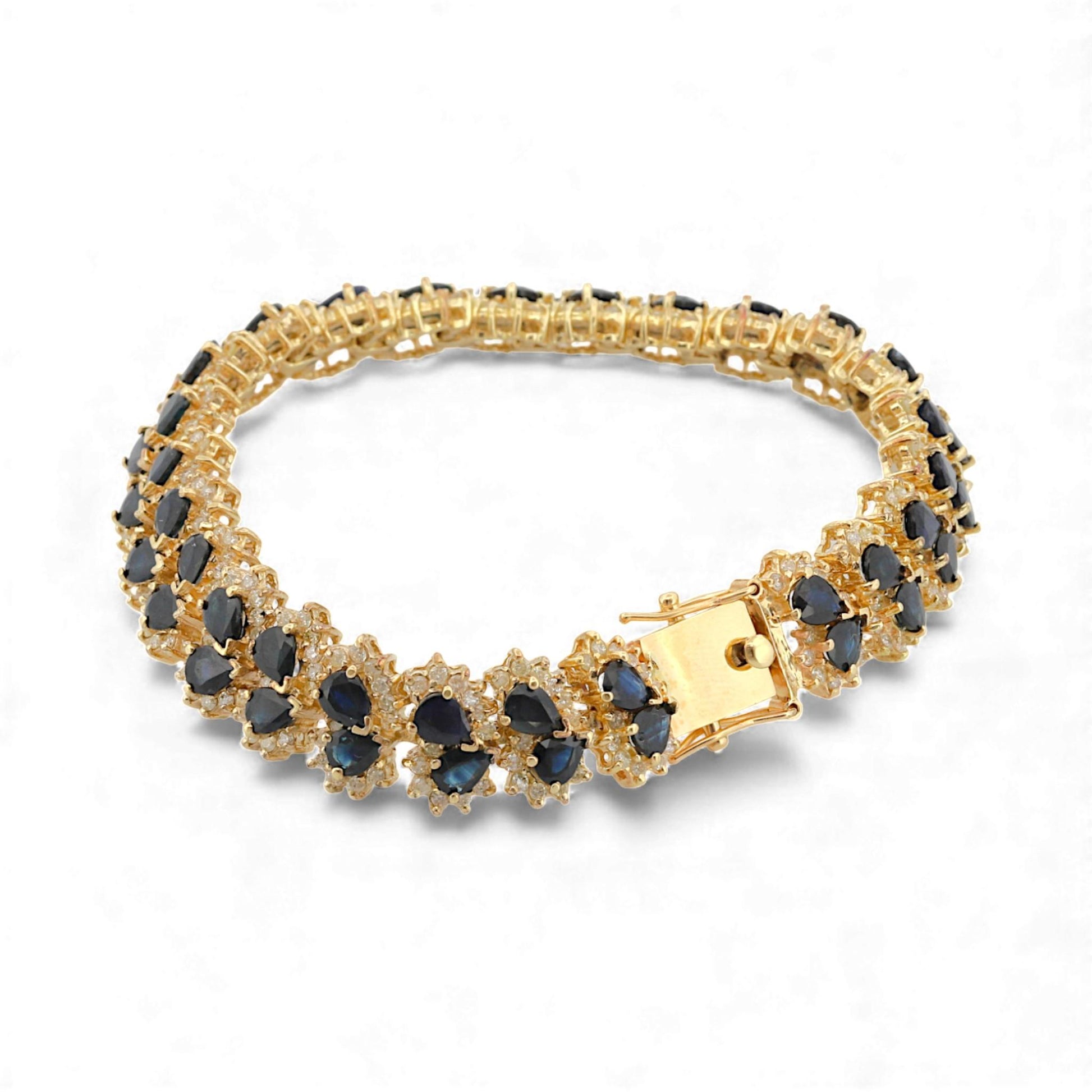 14k Yellow Gold Blue Sapphire & Diamond Retro Link Bracelet 17ct Sapphires