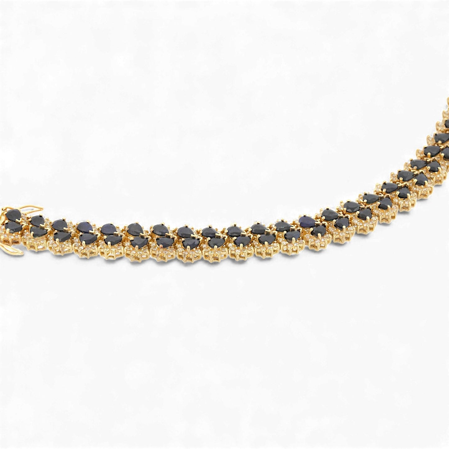 14k Yellow Gold Blue Sapphire & Diamond Retro Link Bracelet 17ct Sapphires