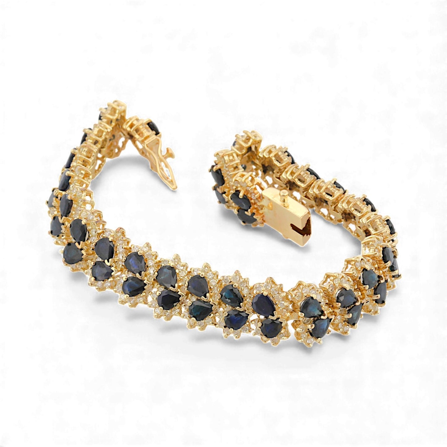 14k Yellow Gold Blue Sapphire & Diamond Retro Link Bracelet 17ct Sapphires