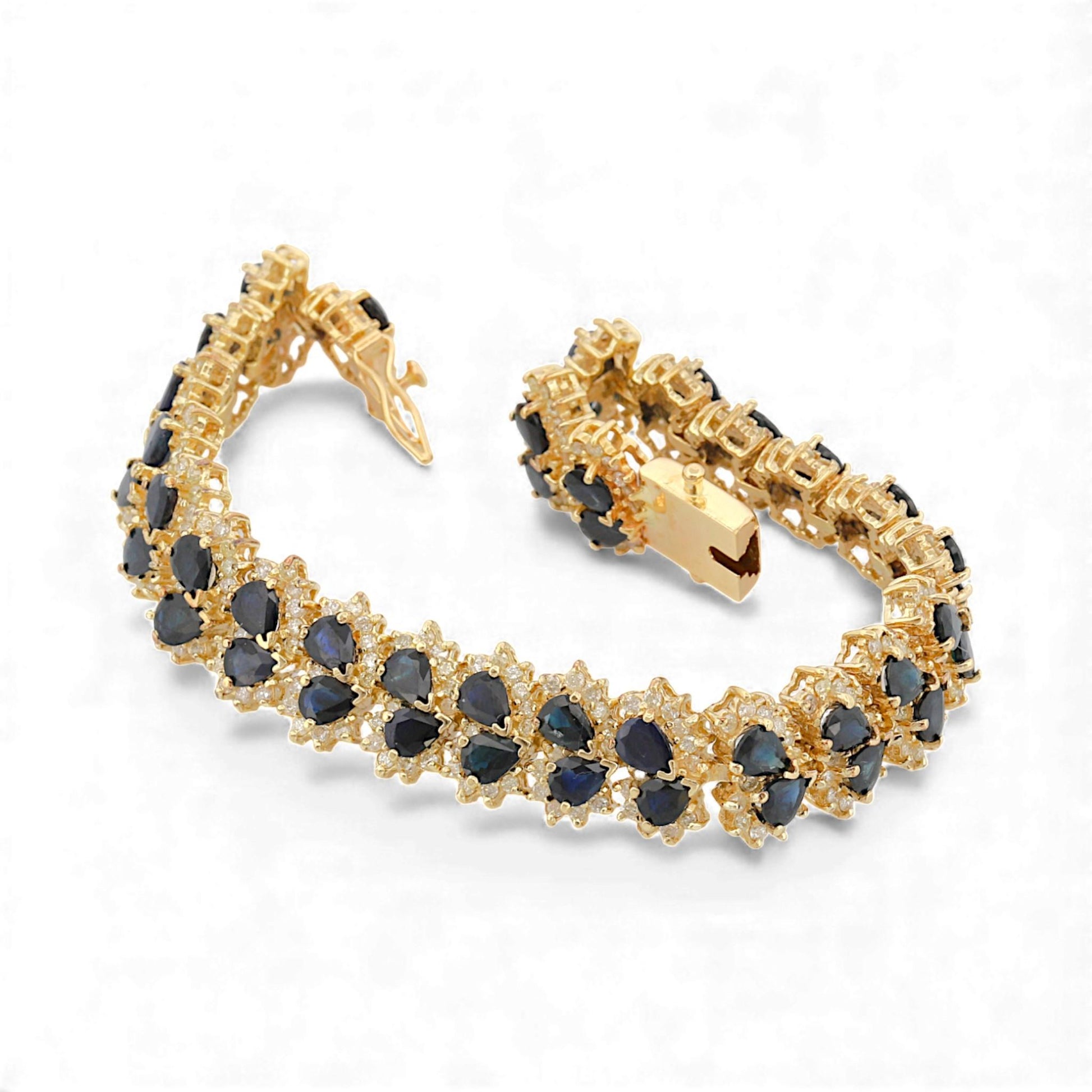 14k Yellow Gold Blue Sapphire & Diamond Retro Link Bracelet 17ct Sapphires